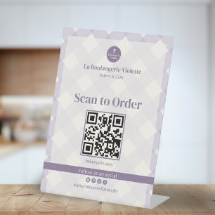 Signe De Table Lila violet gingham boulangerie QR scan pour comma