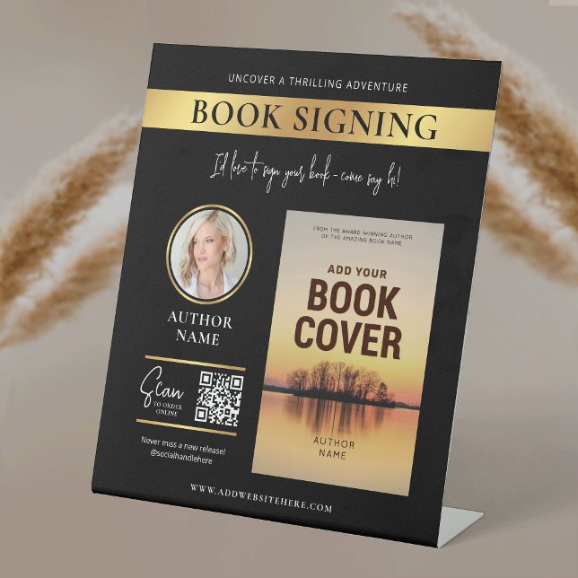 Signe De Table Livre de signature Couverture du livre Auteur Phot (Modern black and gold Book Signing Promotional pedestal sign design with your custom photos and text)