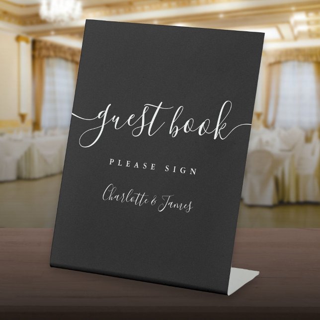 Signe De Table Livre D'Invité Du Script Signature Noir Et Blanc (Black And White Signature Script Guest Book Pedestal Sign)
