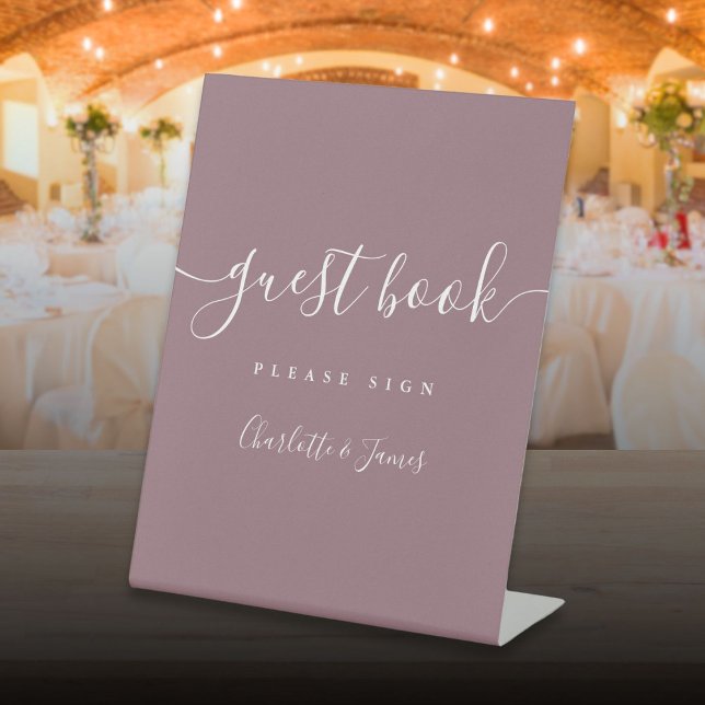 Signe De Table Livre d'invité Mauve Signature Script (Mauve Signature Script Guest Book Pedestal Sign)