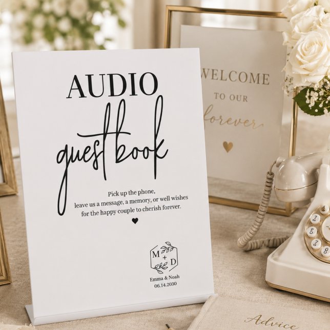 Signe De Table Livre d'or audio pour mariage (Audio Guest Book Wedding Party Pedestal Sign modern minimalist calligraphy script)