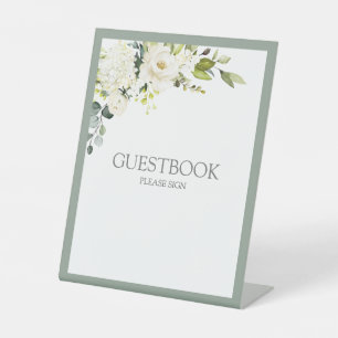 Signe De Table Livre d'or blanc gris vert Floral Aquarelle