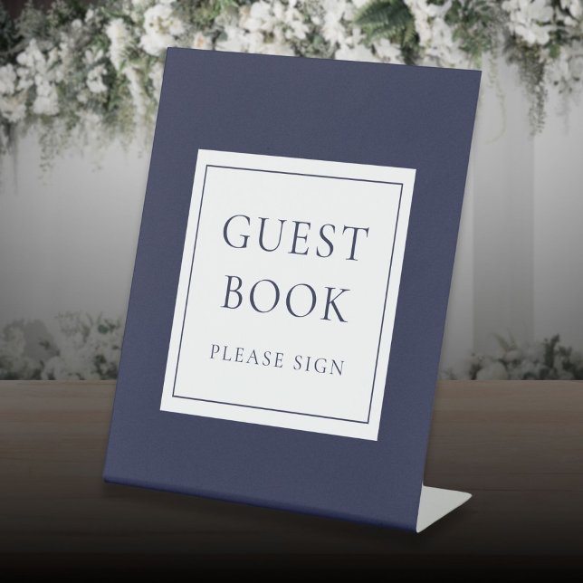 Signe De Table Livre d'or bleu marine élégant classique (Classic Elegant Navy Blue Guest Book Pedestal Sign)