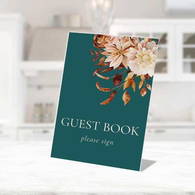 Signe De Table Livre d'or d'automne (Fall Watercolor Floral Teal Table Top Guest Book Pedestal Sign by Painted Paperie
)