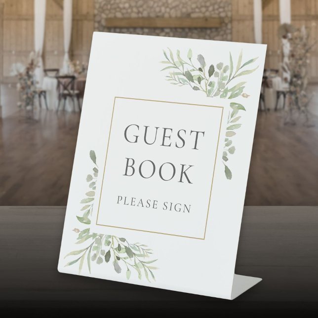 Signe De Table Livre d'or de feuillage de verdure à l'aquarelle (Watercolor Greenery Foliage Guest Book Pedestal Sign)