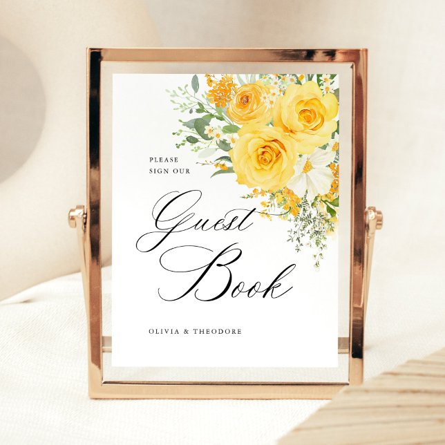 Signe De Table Livre d'or de mariage à fleurs jaunes pour table d (Yellow rose floral wedding guest book sign, romantic garden wedding reception guest book table sign)