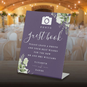 Signe De Table Livre d'or de mariage avec photo de verdure violet