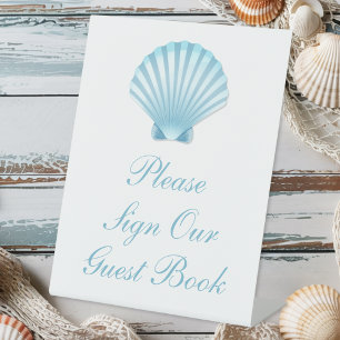 Signe De Table Livre d'or de mariage bleu nautique de Shell Beach
