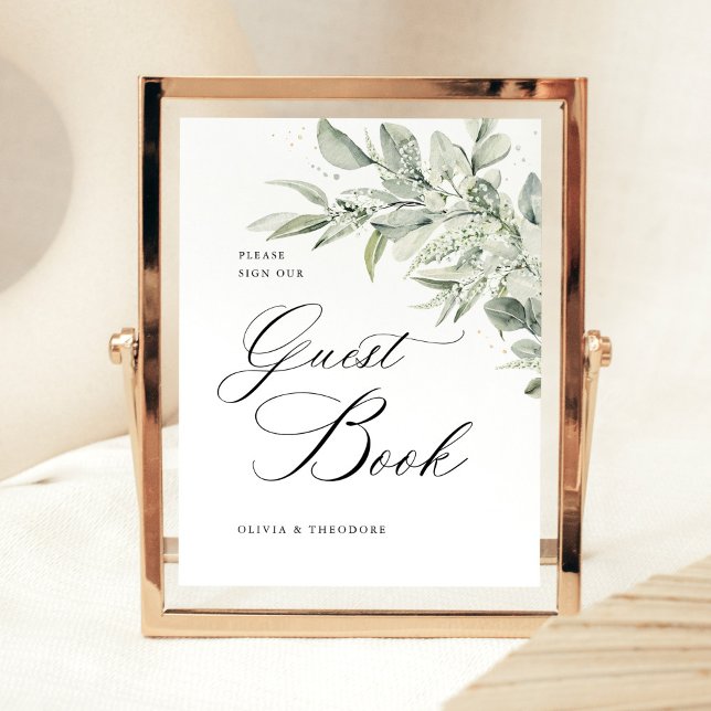Signe De Table Livre d'or de mariage de table botanique vert saug (Sage green botanical wedding guest book sign, elegant calligraphy table decor, classic stationery)