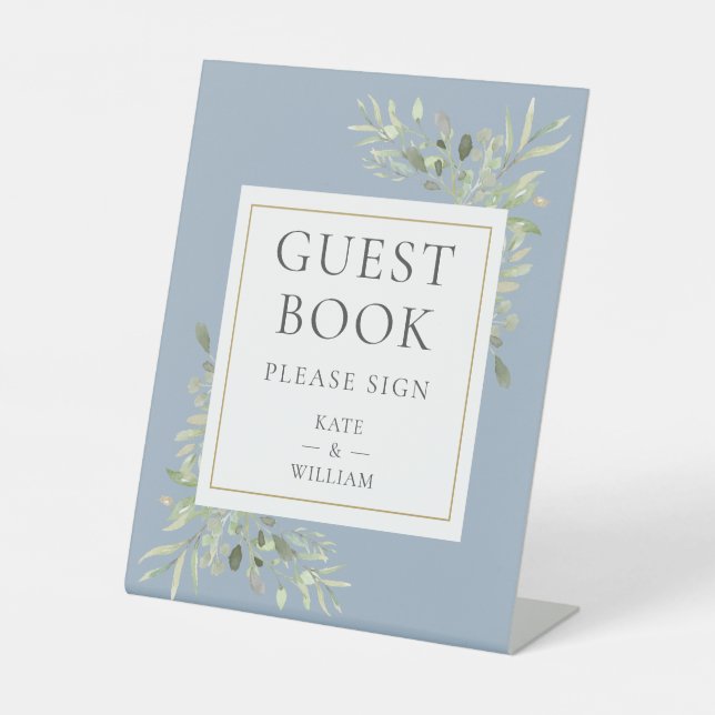 Signe De Table Livre d'or de mariage Dusty Blue Greenery (Recto)