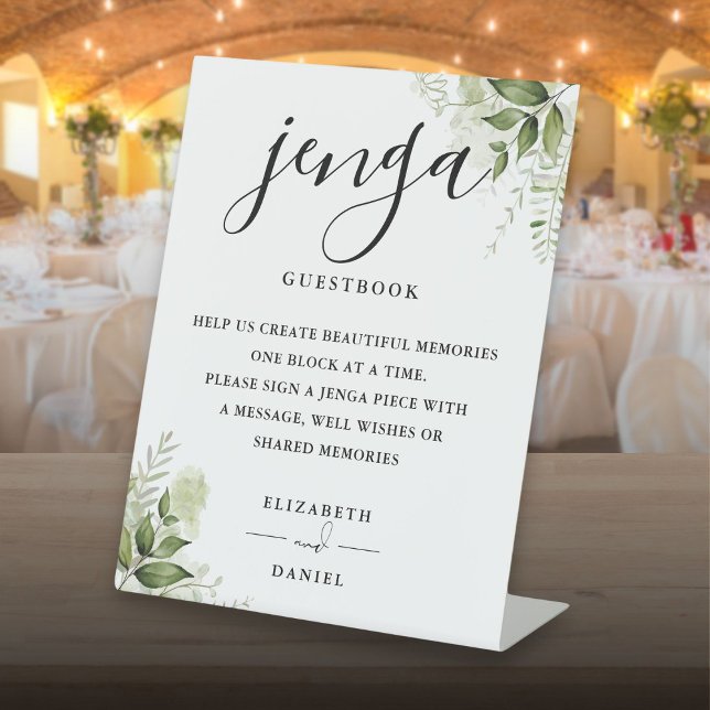 Signe De Table Livre d'or de mariage Jenga à verdure florale (Floral Greenery Jenga Wedding Guestbook Pedestal Sign)