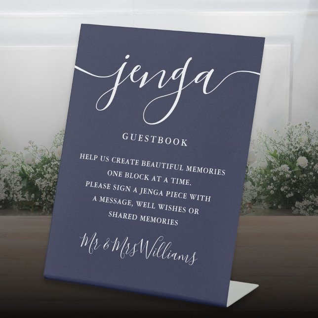 Signe De Table Livre d'or de mariage Jenga écriture élégante bleu (Jenga Wedding Guestbook Elegant Script Navy Blue Pedestal Sign)
