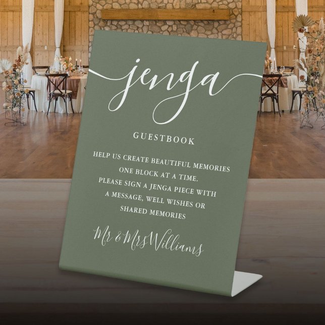 Signe De Table Livre d'or de mariage Jenga écriture élégante vert (Jenga Wedding Guestbook Elegant Script Olive Green Pedestal Sign)