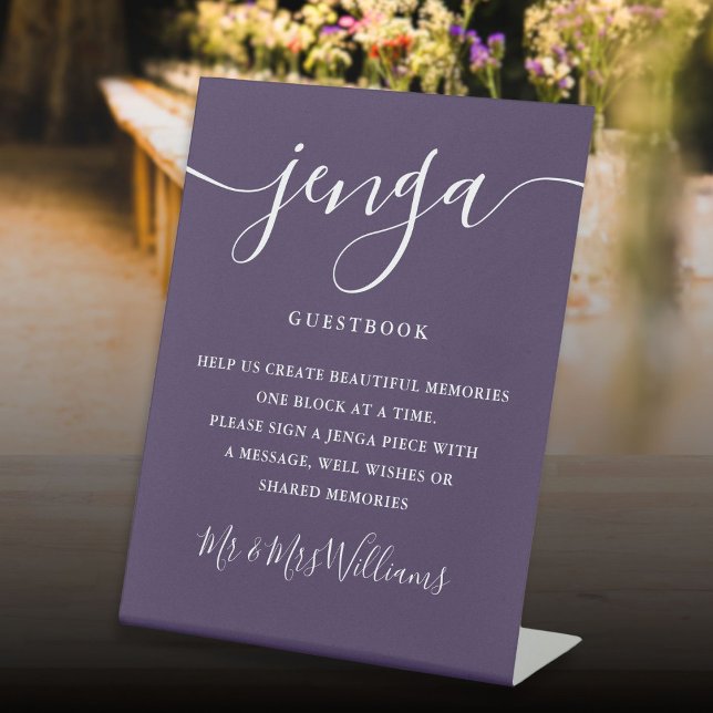 Signe De Table Livre d'or de mariage Jenga écriture élégante Viol (Jenga Wedding Guestbook Elegant Script Purple Pedestal Sign)