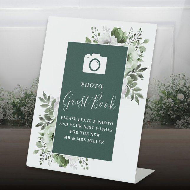 Signe De Table Livre d'or de mariage photo floral vert émeraude (Emerald Green Floral Photo Guest Book Wedding Pedestal Sign)
