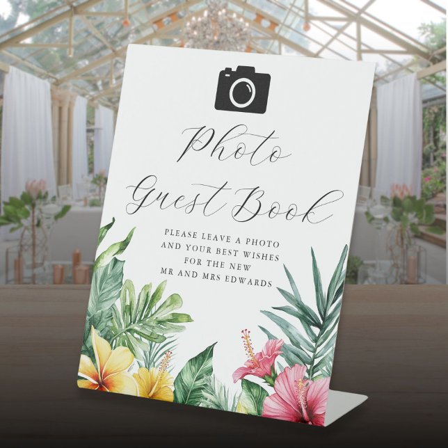 Signe De Table Livre d'or de mariage photo tropicale aquarelle (Watercolor Tropical Photo Guest Book Wedding Pedestal Sign)