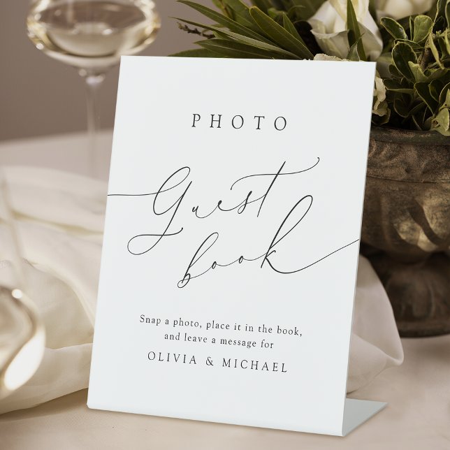 Signe De Table Livre d'or de photo de mariage à l'écriture modern (Minimalist Modern Script Wedding Photo Guest Book Pedestal Sign)