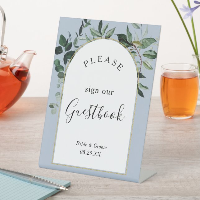 Signe De Table Livre d'or Dusty Blue Boho Arc Botanic Greenery (In SItu)
