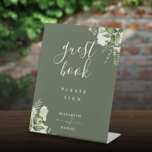 Signe De Table Livre d'or élégant à motif floral vert olive