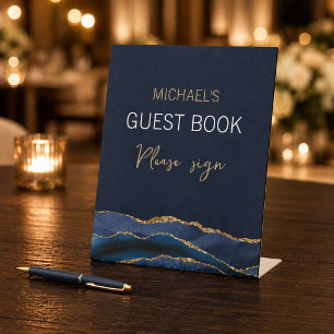 Signe De Table Livre d'or élégant bleu marine agate dorée pour ho