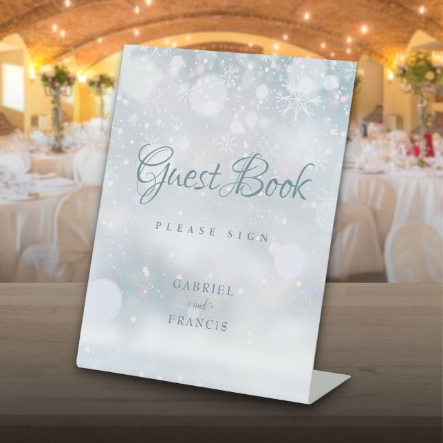 Signe De Table Livre d'or Flocons de neige d'hiver (Guest Book Winter Snowflakes Pedestal Sign)