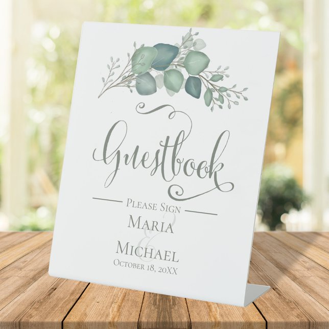 Signe De Table Livre d'or Mariage de verdure Script personnalisé (Wedding guest book botanical greenery sign)
