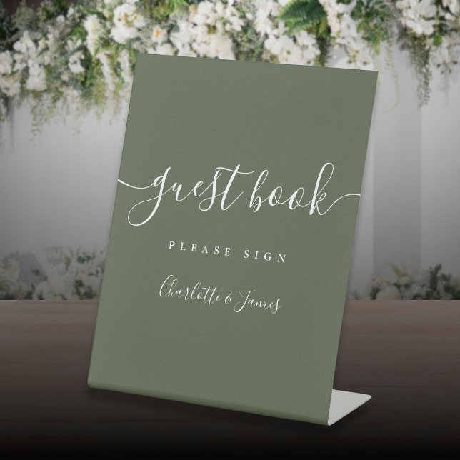 Signe De Table Livre d'or Olive Green Signature Script (Olive Green Signature Script Guest Book Pedestal Sign)