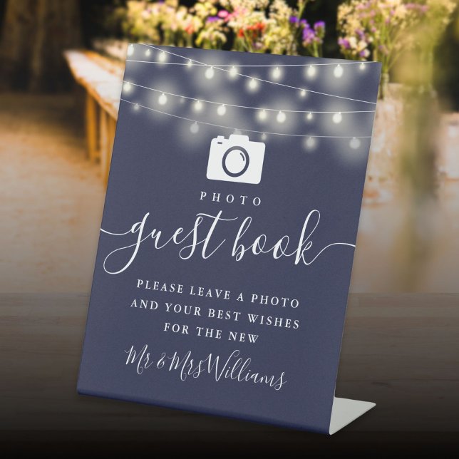 Signe De Table Livre d'or photo de Guirlandes Lumineuses Bleu Mar (Navy Blue String Lights Photo Guest Book Pedestal Sign)