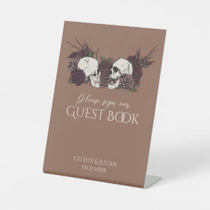 Signe De Table Livre d'or Tan Brown Crânes et Roses Gothiques