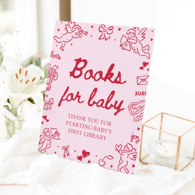 Signe De Table Livres de Fête de Naissance Bébé Rose Rouge Saint- (Pink Red Valentine Baby Shower Books for Baby Game Sign)