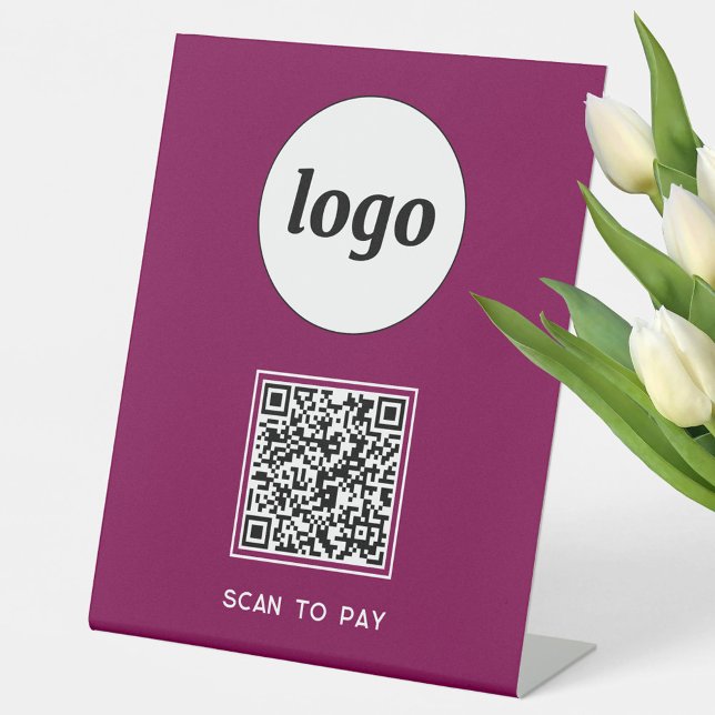 Signe De Table Logo Code QR Entreprise Scanner pour Payer Magenta (Simple logo with custom text and QR code business branding promotional scan to pay pedestal sign)