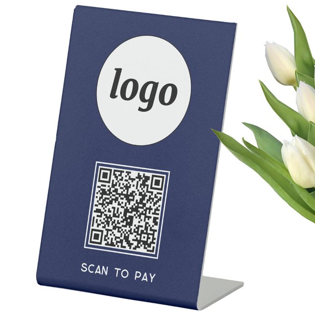 Signe De Table Logo Code QR Entreprise Scannez pour Payer Bleu Ma (Simple logo QR code with custom text business branding promotional scan to pay table pedestal sign)