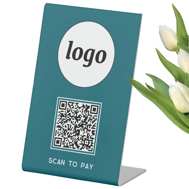 Signe De Table Logo Code QR Entreprise Scannez pour Payer Vert de (Simple logo QR code with custom text business branding promotional scan to pay table pedestal sign)