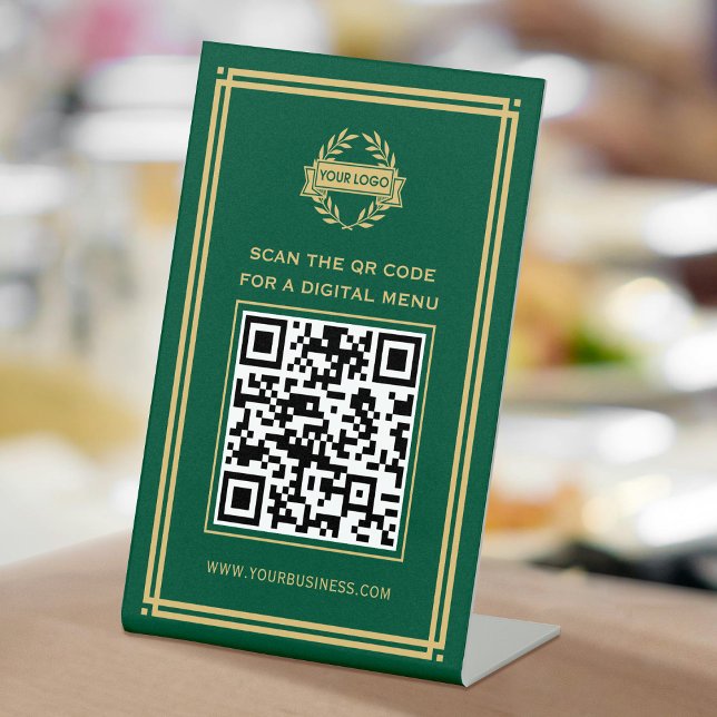 Signe De Table Logo Code QR Menu sans contact Classic Green Gold (Créateur téléchargé)