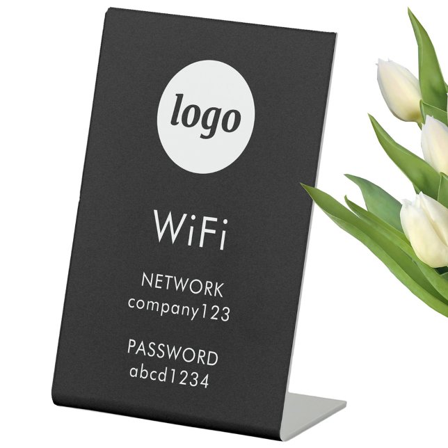 Signe De Table Logo Code WiFi Entreprise Noir Internet (Modern minimalist business logo WiFi code network password pedestal sign)