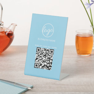 Signe De Table Logo d'affaires bleu clair QR Code Menu Restaurant