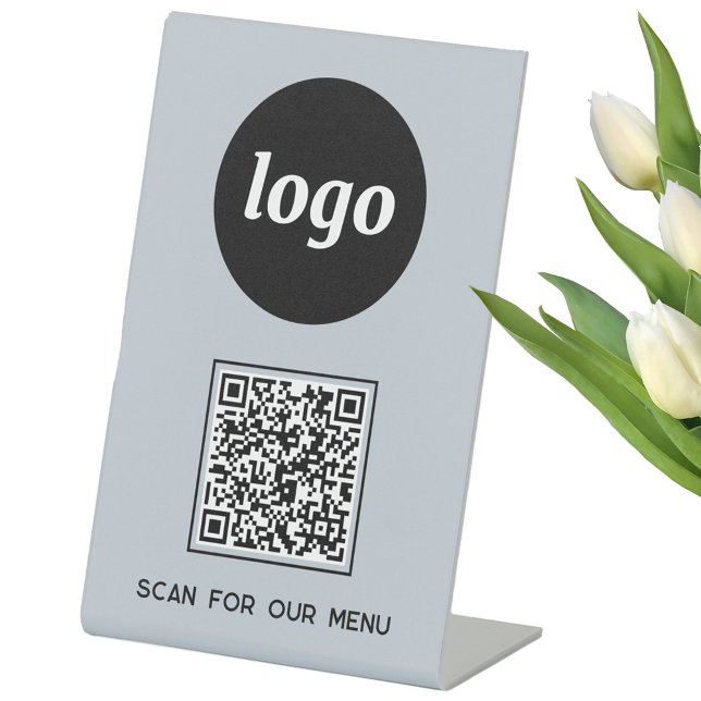 Signe De Table Logo de code QR Business Scan for Menu Light Blue (Logo with custom text and QR code light dusty powder blue business Scan for Menu pedastal sign)