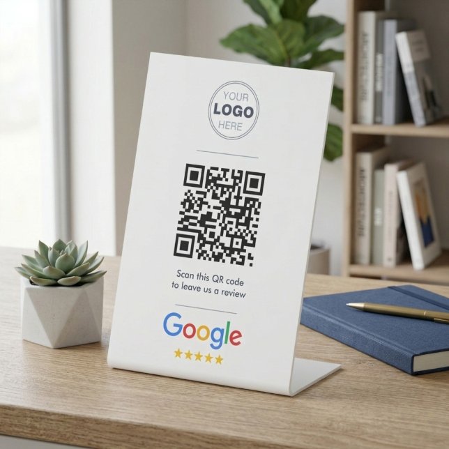 Signe De Table Logo de code QR de révision Google professionnel e (Minimalist Google Review QR Code Sign – Custom Logo Desk Display for Business)