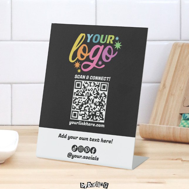 Signe De Table Logo de code QR personnalisé Sociétés Noir Blanc A (Pedestal Sign Custom Logo QR Code Black White Rainbow Modern Basic)
