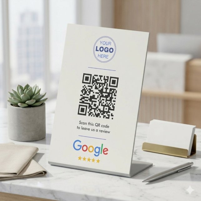 Signe De Table Logo de code QR pour avis Google blanc et propre (White Minimalist Google Review Sign | QR Code Pedestal Display for Business)