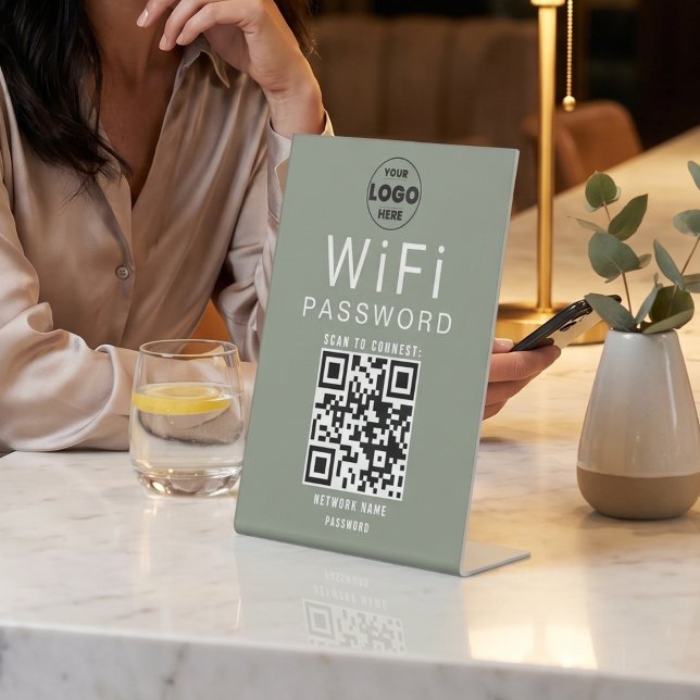Signe De Table Logo de code QR WiFi d'entreprise vert sauge minim (Minimalist Sage Green Business WiFi QR Code Logo Pedestal Sign)