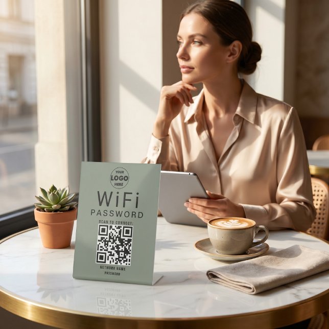 Signe De Table Logo de code QR WiFi d'entreprise vert sauge minim (Minimalist Sage Green Business WiFi QR Code Logo Pedestal Sign)