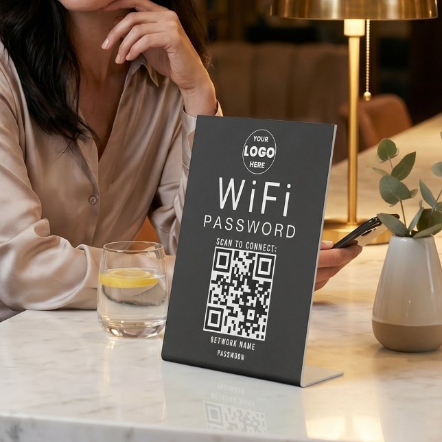Signe De Table Logo de code QR WiFi entreprise noir et blanc mini (Minimalist Black White Business WiFi QR Code Logo Pedestal Sign)