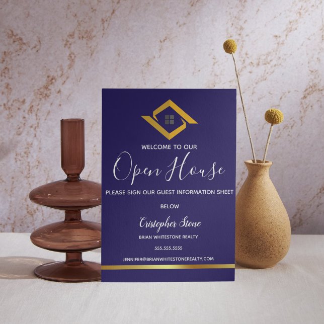 Signe De Table Logo de maison bleu marine pour agence immobilière (Real Estate Navy Blue House Logo Modern Realtor Pedestal Sign
)