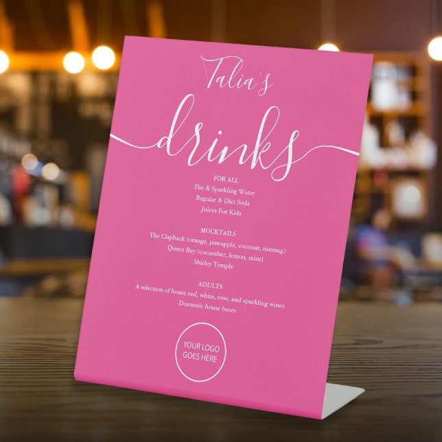 Signe De Table Logo de mariage avec écriture de signature rose ch (Hot Pink Signature Script Wedding Logo Drinks Menu Pedestal Sign)