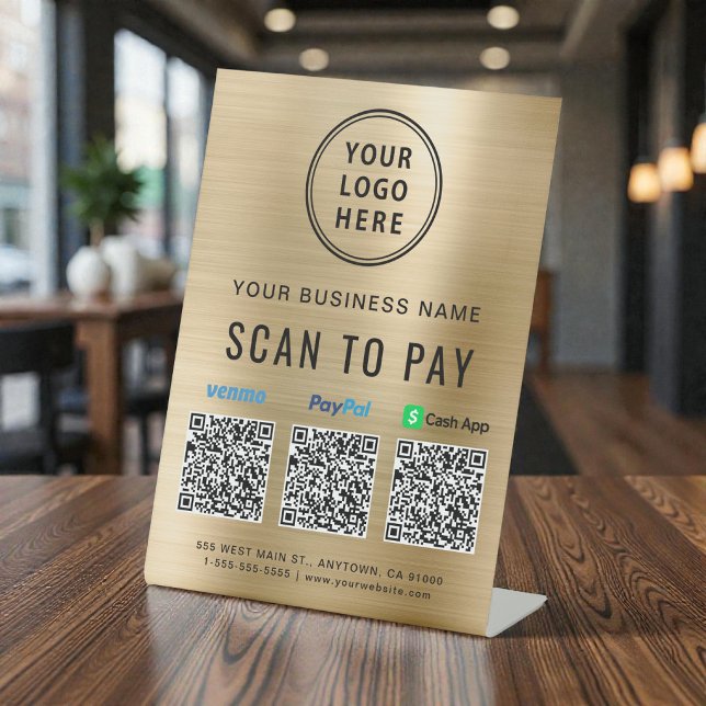 Signe De Table Logo de paiement par code QR or (QR Code Payment Logo Gold Pedestal Sign)