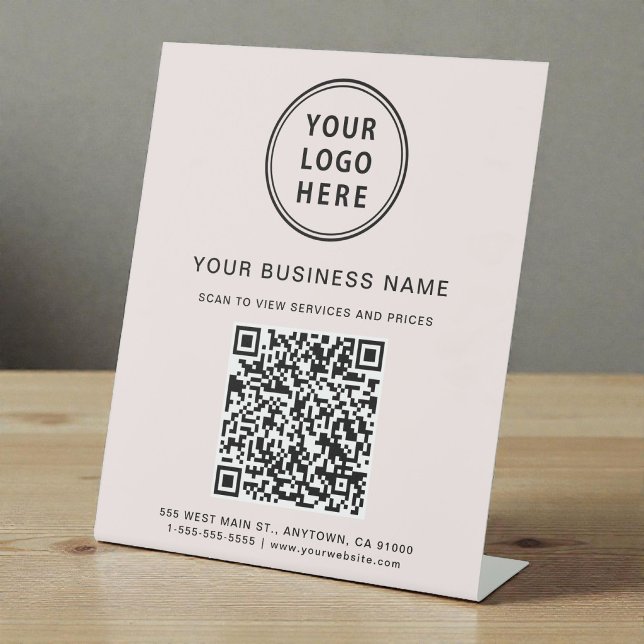 Signe De Table Logo de société moderne Code QR Rose (Modern Business Logo QR Code Pink Pedestal Sign)