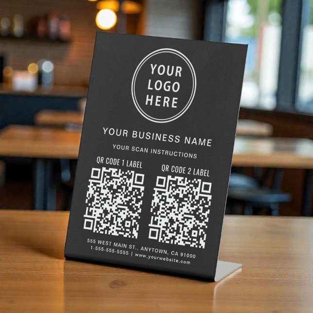 Signe De Table Logo d'entreprise 2 codes QR noir (Business Logo 2 QR Codes Black Pedestal Sign)