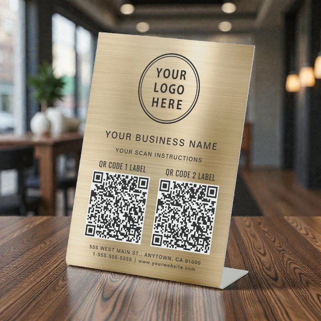 Signe De Table Logo d'entreprise 2 codes QR Or (Business Logo 2 QR Codes Gold Pedestal Sign)