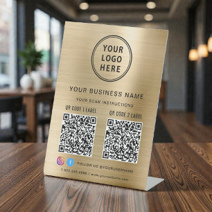 Signe De Table Logo d'entreprise 2 Codes QR Réseaux Sociaux Or